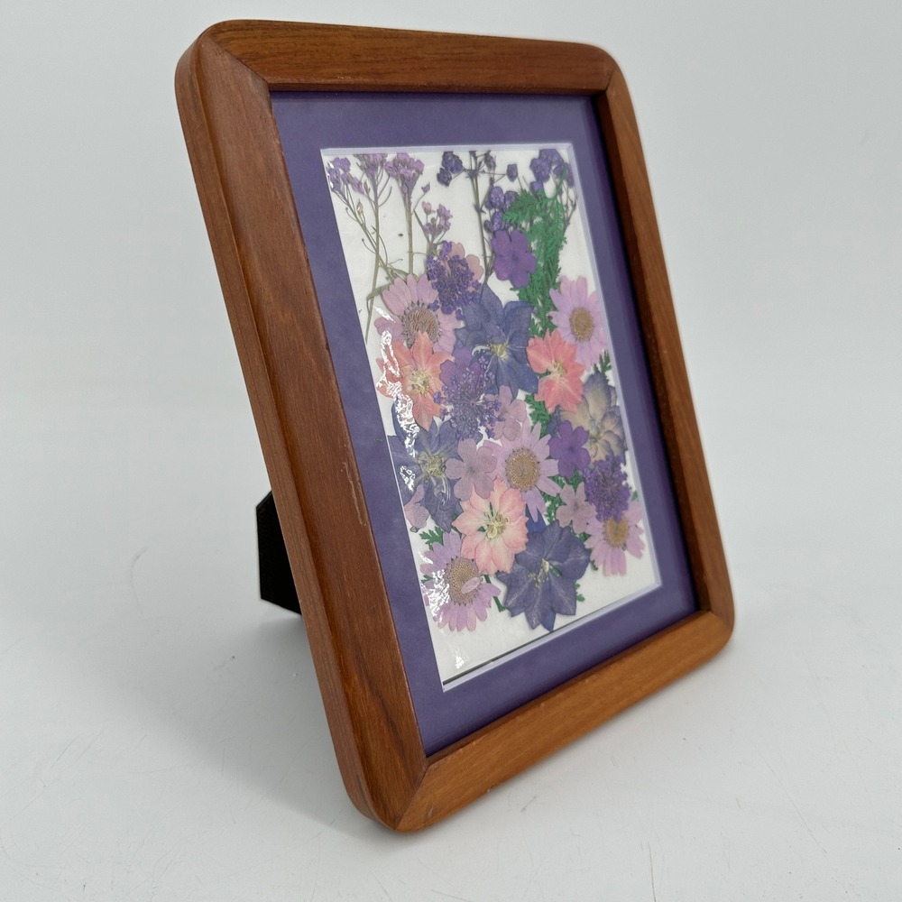 Pressed Flower Botanical Art in Wood Frame Purple Pink Blue Floral Decor